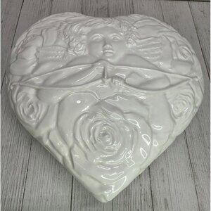 Vintage White Ceramic Large Dish with Lid Angel Cupid Made in Italy 8" Long 7345